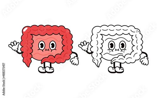 Cute funny intestines character. Vector hand drawn traditional cartoon vintage, retro, kawaii character icon. Intestines emoji,adorable,kids concept. Outline cartoon illustration for coloring book