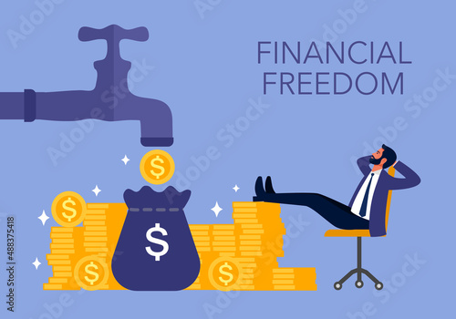 Financial freedom or passive income concept vector illustration. Wealth businessman sitting with money in flat design.