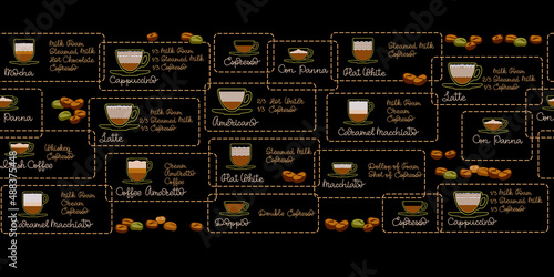 Collection of different coffee drinks. Handwritten text. Seamless pattern. Vector.