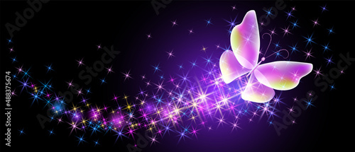 Flying delightful butterfly with sparkle and blazing trail flying in night sky among shiny glowing stars in cosmic space. Animal protection day concept.