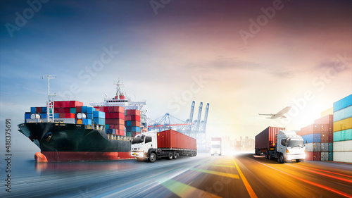 Global business logistics import export and container cargo freight ship, cargo plane, container truck on highway at port shipping dock yard background with copy space, transportation industry concept