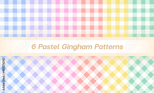 Set of 6 Pastel Rainbow Pastel Blue Purple Pink Yellow Green Tartan Plaid Checkered Gingham Pattern Background Vector Illustration Tablecloth, Picnic mat wrap paper
