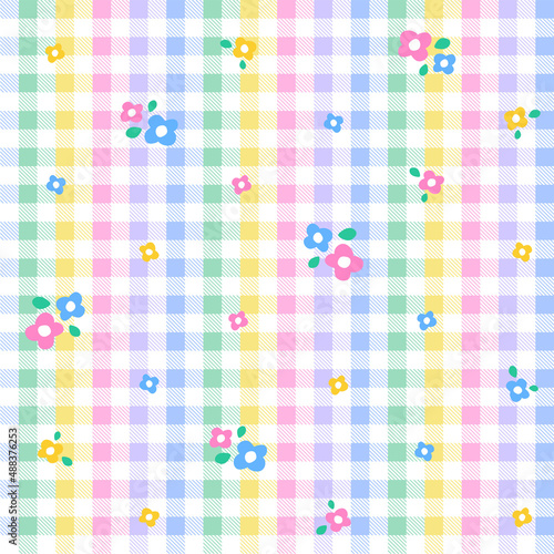 Rainbow Purple Blue Green Yellow Orange Pink Cute Daisy Flower Colorful Plaid Gingham Pattern Background Vector Cartoon Illustration Tablecloth, Picnic mat wrap paper, Mat, Fabric, Textile, Scarf.