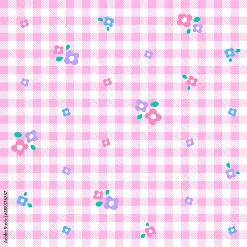 Pink Gingham Cute Daisy Flower Colorful Plaid Gingham Pattern Background Vector Cartoon Illustration Tablecloth, Picnic , Wrap paper, Mat, Fabric, Textile