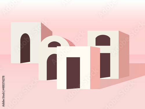 vector illustration with 3d images of figures in coral shades for decorating scenes, interior backgrounds in a constructive architectural style