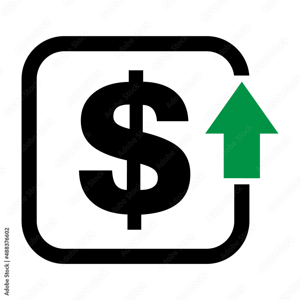 Cost symbol dollar increase icon. Income vector symbol image isolated on background Cost symbol dollar increase icon. Income vector symbol image isolated on background