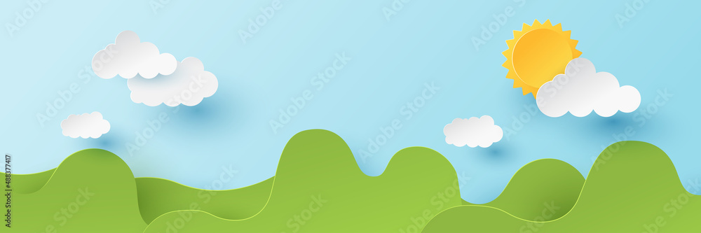 Summer time background. Nature landscape. Paper cut and craft style illustration