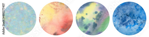 Set of watercolor planets isolated on white background. Collected colorful backgrounds in a circle.