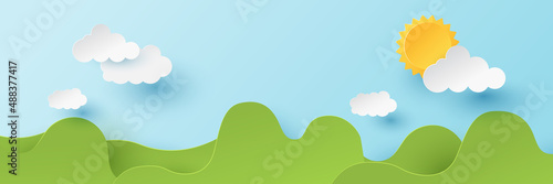 Summer time background. Nature landscape. Paper cut and craft style illustration