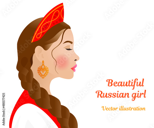 A beautiful Russian girl in profile in a national costume, in a red kokoshnik and with a long braid on a white background. Isolated vector illustration