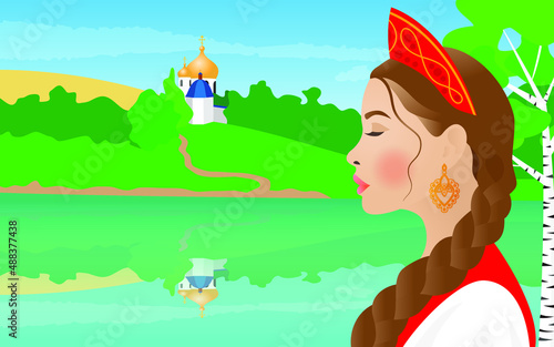 A beautiful Russian girl in profile in a national costume, in a red kokoshnik and with a long braid against the backdrop of a green landscape with a birch, a river and a church. Vector illustration