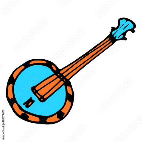 the ukulele or banjo icon is blue. hand-drawn round-shaped doodle-style stringed musical instrument, with an orange handle and a blue round base with a black outline on white for a template design