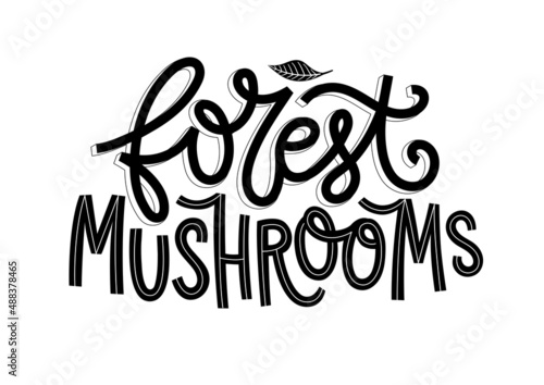 Forest Mushrooms text. Hand-drawn trendy lettering with wild mushrooms, plants and leaves. Colorful seasonal vector illustration. Creative stylish design.