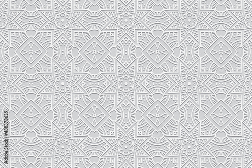 Embossed ethnic white background, exclusive cover design. Geometric ornamental 3D pattern. Artistic creativity of the peoples of the East, Asia, India, Mexico, Aztecs in the style of folk traditions.

