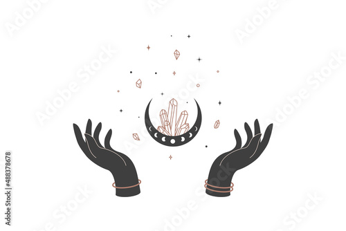 Magic hands with moon and healing crystal in trendy boho style. Alchemy symbol for branding or logo for cosmetics or beauty products. Black and gold colored. Esoteric and mystical Vector illustration