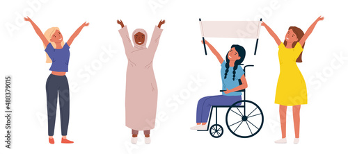 A multinational group of women. People with their hands up. Diversity of people. Vector illustration for printing. a disabled person