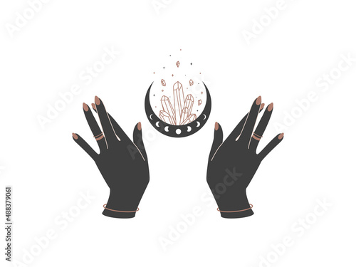 Magic hands with moon and healing crystal in trendy boho style. Alchemy logo and icons design template for cosmetics or beauty products. Esoteric and mystical Vector illustration