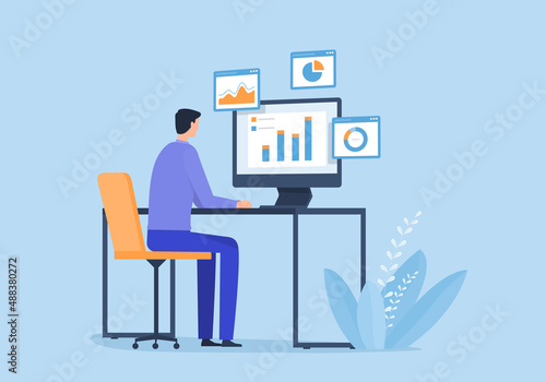 Businessman working on computer concept analytics graph report on monitoring dashboard for marketing planning and finance investment concept