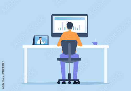 flat vector business man working on monitor computer and design concept technology smart working online connect anywhere concept