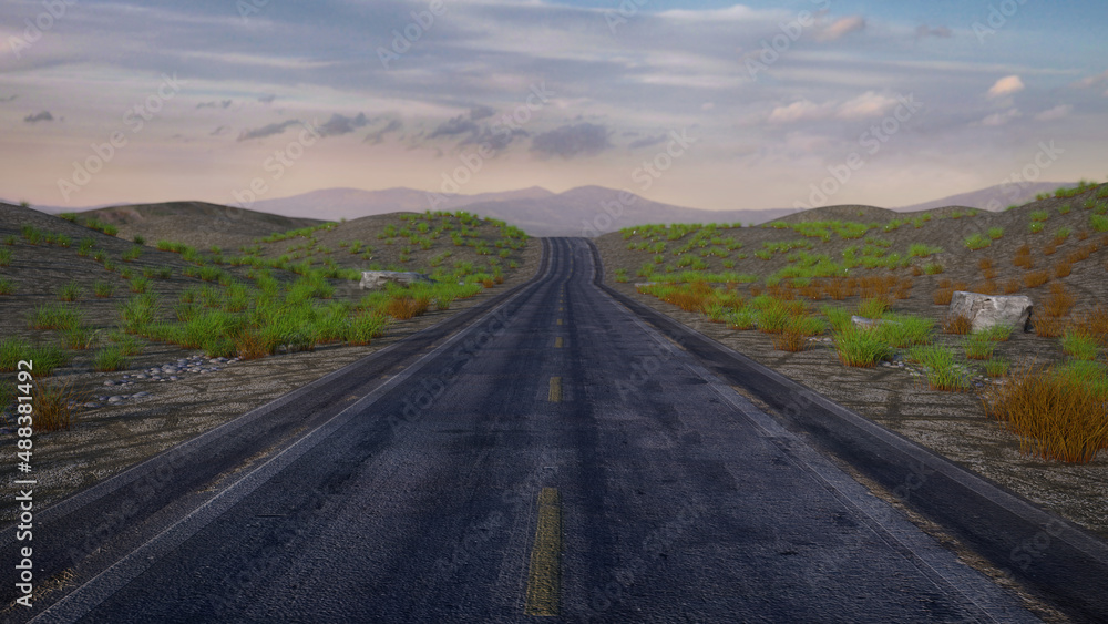 Long stretch of empty road through desert leading to distant mountains. 3D rendering.