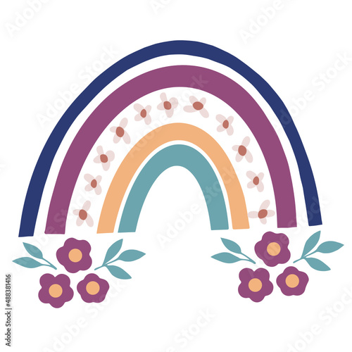 Colorful rainbow with flowers stars, dots, hearts in purple, yellow, red, turquoise, navy, pink