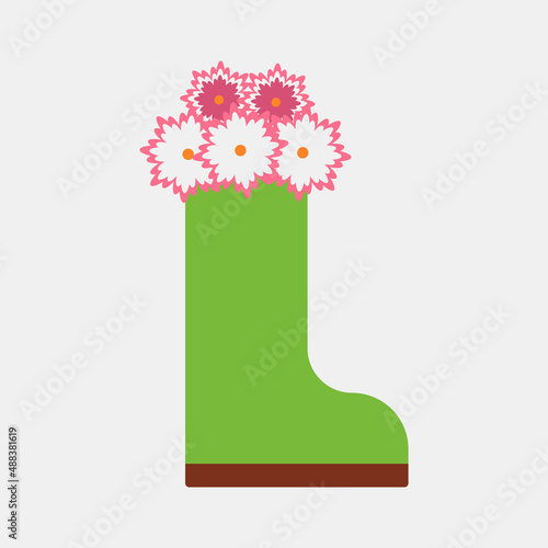 Vector illustration with rubber boot in flat style. Vector tulip isolated on white background