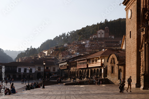 Plaza de Armas in the heart of the Peruvian city of Cusco during sunset in the Peruvian Andes (Cusco, Peru, South America)