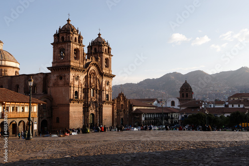 Plaza de Armas in the heart of the Peruvian city of Cusco during sunset in the Peruvian Andes (Cusco, Peru, South America)