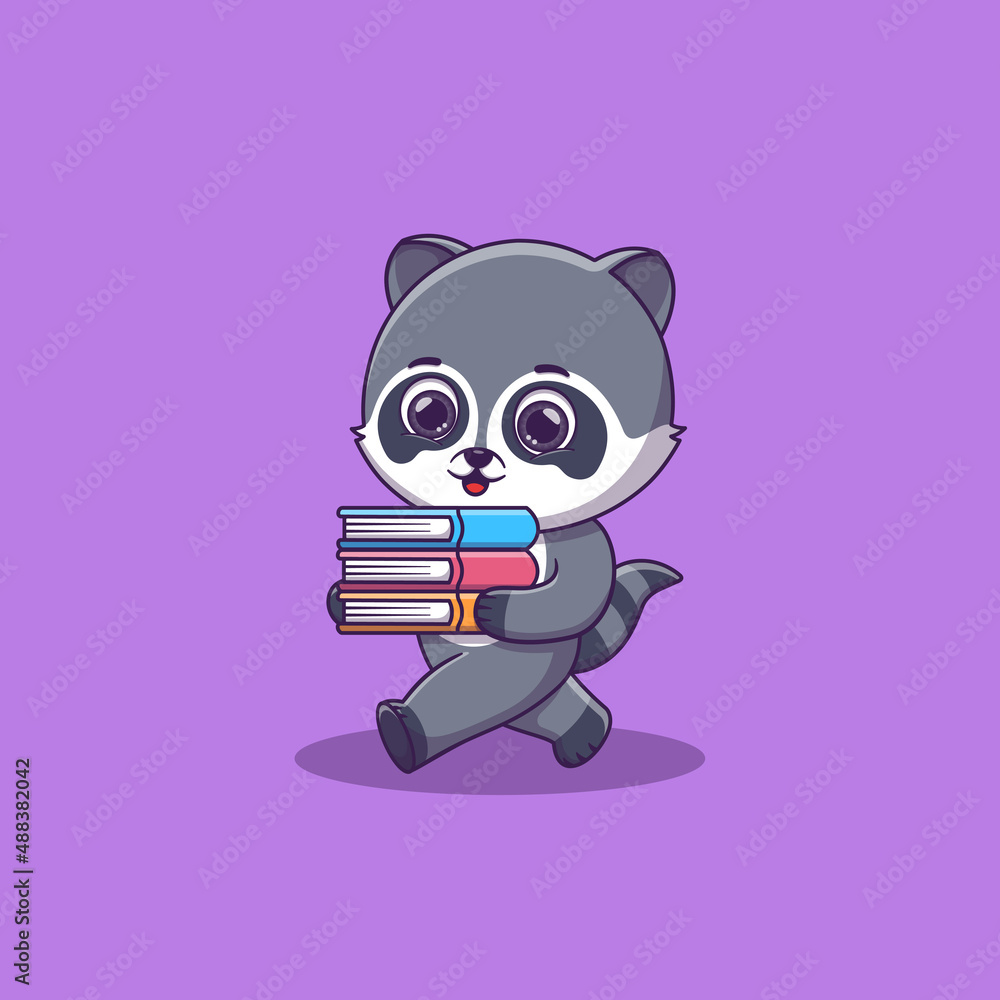 cute raccoon walking and bring some books