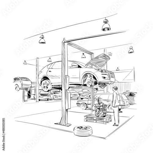 Car showroom exterior design sketch. Hand drawn vector illustration
