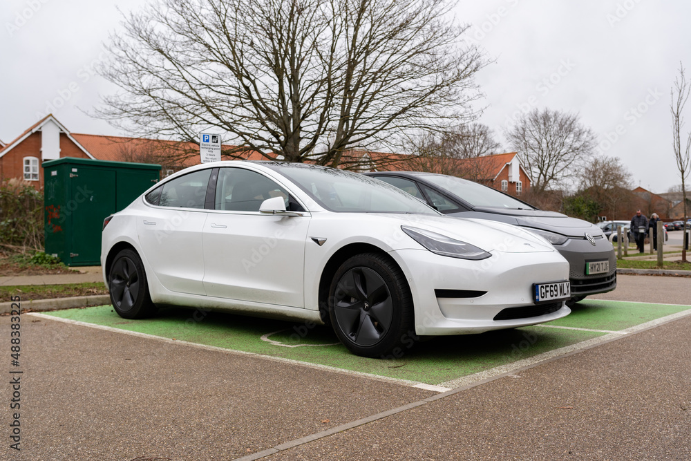 Woodbridge Suffolk UK February 20 2022: A Tesla Model 3 parked in a ...