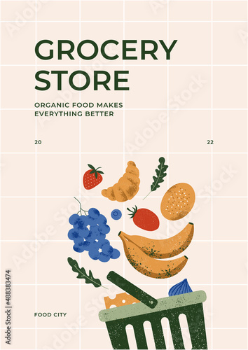 Grocery store design template with fresh organic vegetables. Organic market poster.