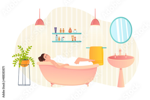 Woman relaxing in bath at spa salon flat concept people scene. Happy client lies bubble bath and young girl enjoys body treatment, washing at bathroom. Vector illustration for web banner design