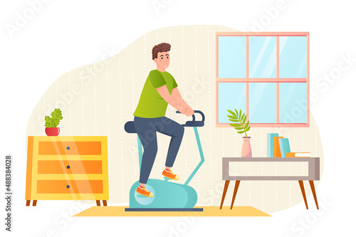 Sport training at home flat concept people scene. Man rides exercise bike and does cardio workout in room. Sportsman exercising at stationary bicycle machine. Vector illustration for web banner design