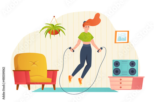 Sport training at home flat concept people scene. Woman jumping rope and does cardio workout in room. Young girl doing aerobics and athletic exercising. Vector illustration for web banner design