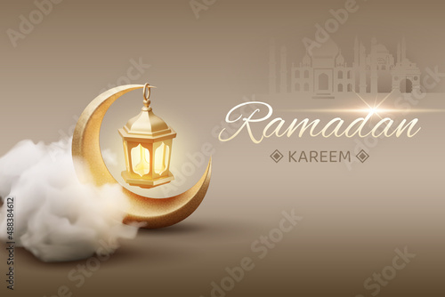 Golden ramadan kareem lantern hang on crescent moon