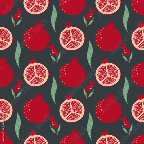 Seamless pattern with pomegranate, flowers and leaves. Fruit pattern.