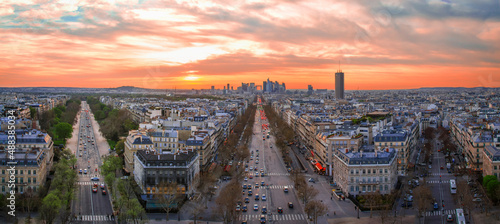 Photography Aerial view to la Defense area in Paris at sunset