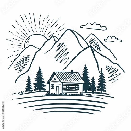 Hand-drawn landscape with a house on the background of mountains