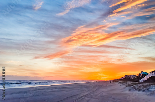 Dusk Beach Scene at Emerald Isle North Carolina Crystal Coast Bogue Banks Waves and Clouds Orange Blue