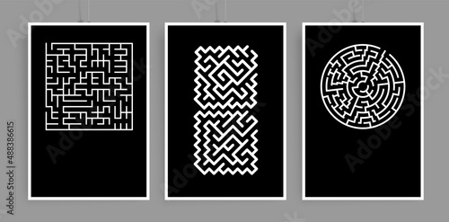 Set of vector posters with black and white maze or labyrinth