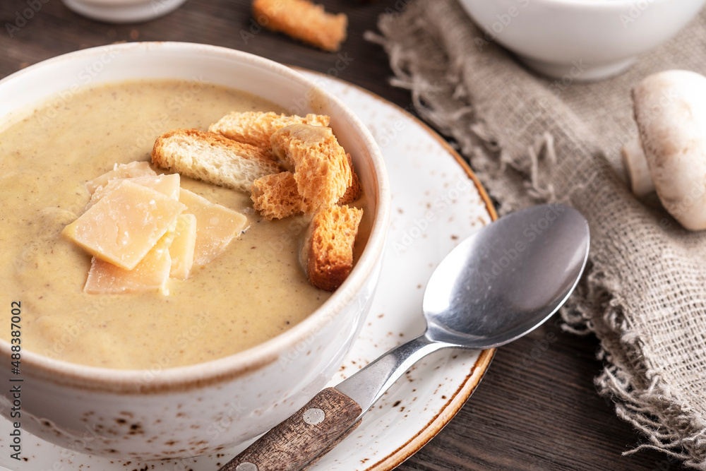 Mushroom cream soup with cheese and dried bread. Mushroom cream soup with cheese and dried bread.