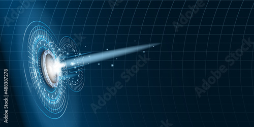 Teleport futuristic portal circle science, sky-fi digital, tunnel with light rays and glows, podium, projector. HUD menu user interface. Vector illustration, black blue background