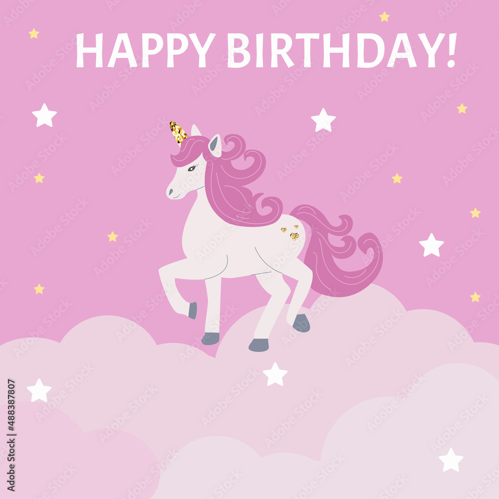 Naklejka premium Unicorn curly birthday card