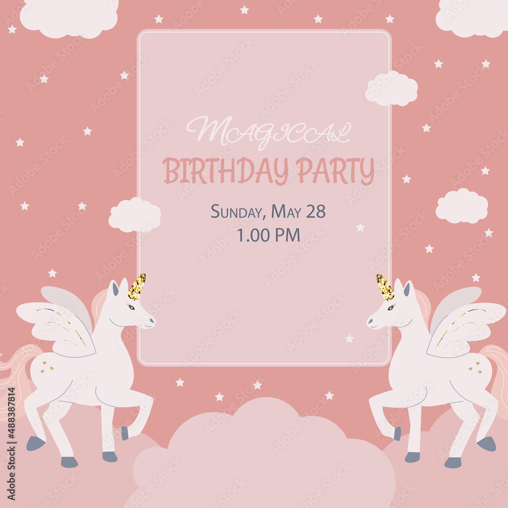 Fototapeta premium Birthday party invitation with twin unicorn on peach background