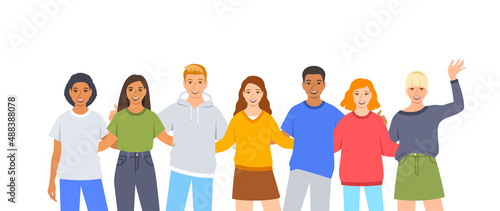 Happy diverse young people, girls and boys stand together and hug each other. Best friends having fun together. Adult students social life. Flat cartoon vector illustration, isolated on white