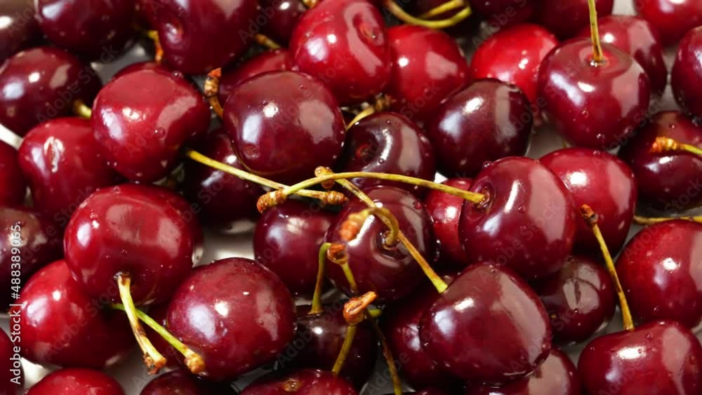 cherry on heap of fresh tasty cherries background, top view cherry on heap of fresh tasty cherries background, top view