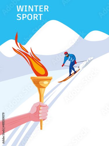 Fotobehang Skiers man riding on skis on snow downhill