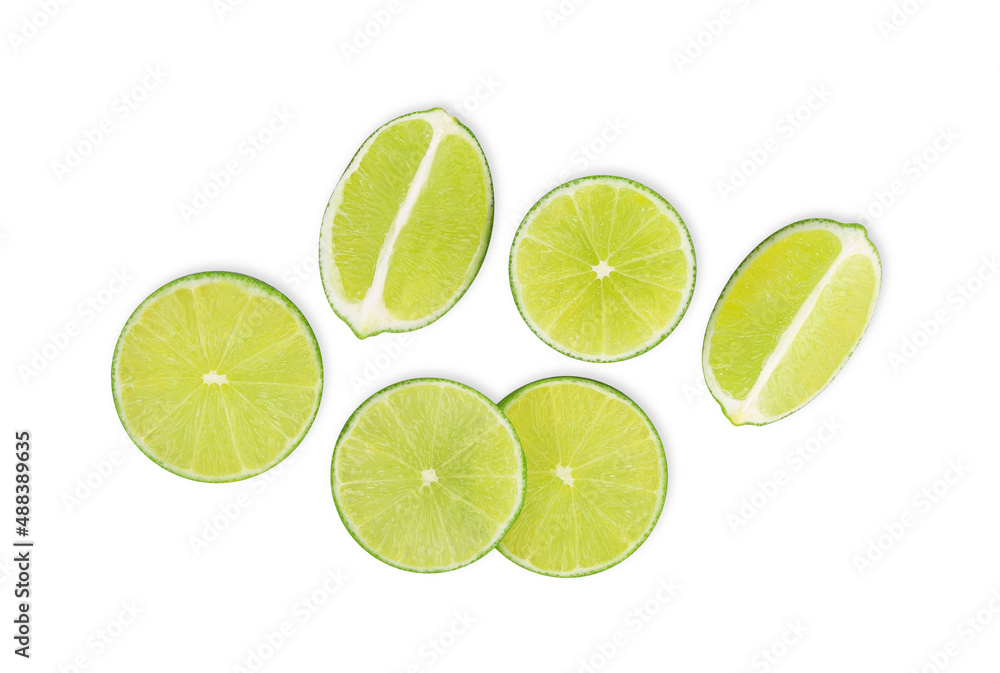 Sliced of fresh lime fruit isolated on white background. Top view