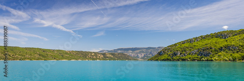 Green water of the Lake of Sainte-Croix in the Verdon Gorge in a summer day in France